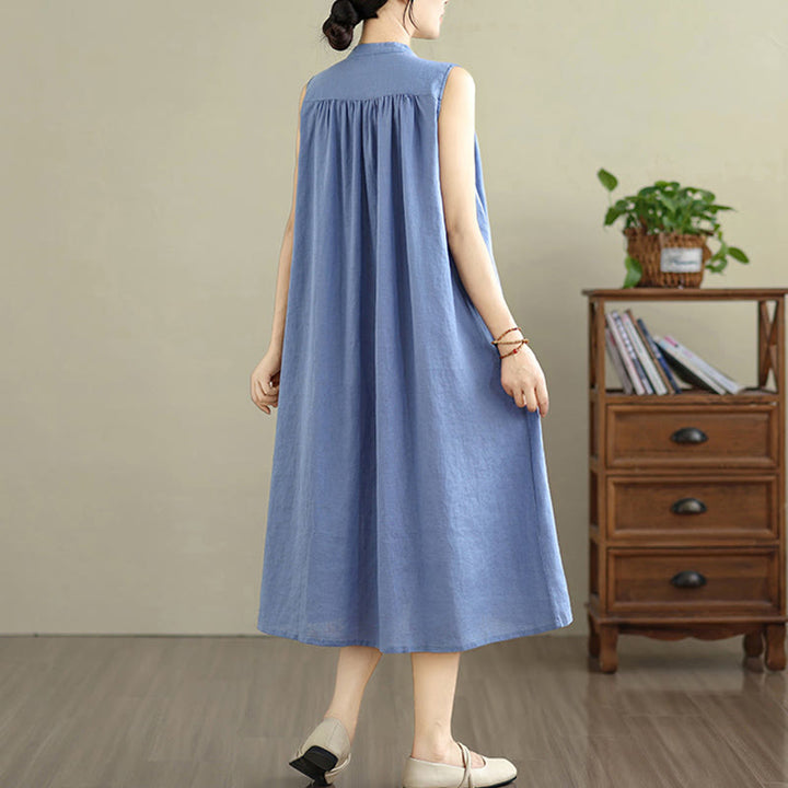 Vestido midi de lino y algodón sin mangas, con diseño plisado, de botonadura sencilla y sencillo de Buddha Stones - image 21
