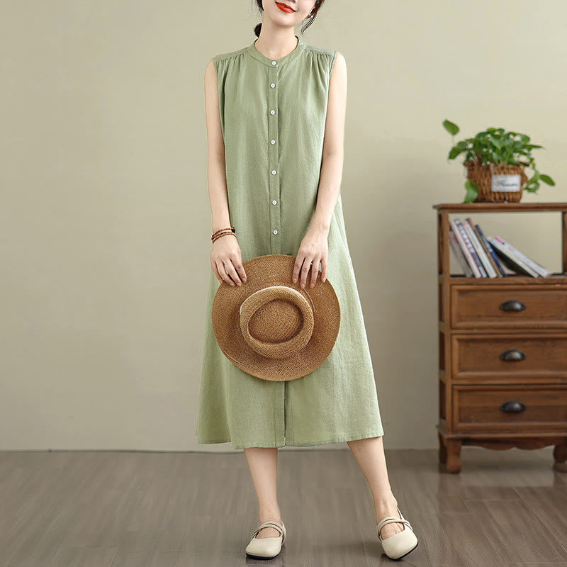 Vestido midi de lino y algodón sin mangas, con diseño plisado, de botonadura sencilla y sencillo de Buddha Stones