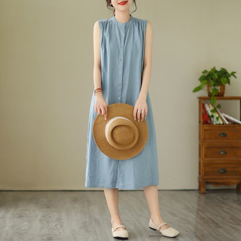 Vestido midi de lino y algodón sin mangas, con diseño plisado, de botonadura sencilla y sencillo de Buddha Stones