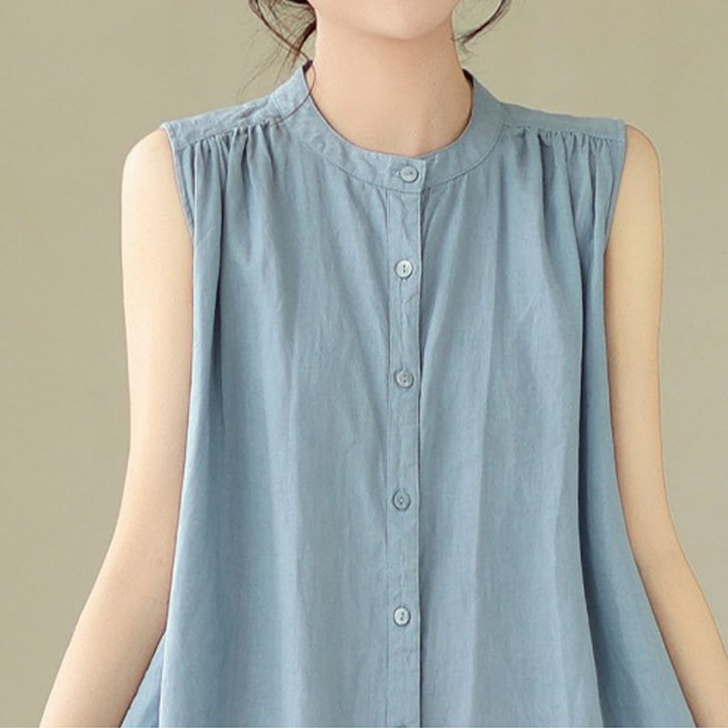 Vestido midi de lino y algodón sin mangas, con diseño plisado, de botonadura sencilla y sencillo de Buddha Stones