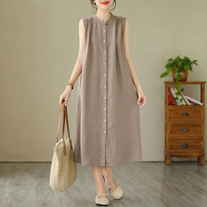 Vestido midi de lino y algodón sin mangas, con diseño plisado, de botonadura sencilla y sencillo de Buddha Stones