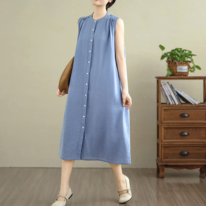 Vestido midi de lino y algodón sin mangas, con diseño plisado, de botonadura sencilla y sencillo de Buddha Stones - image 20
