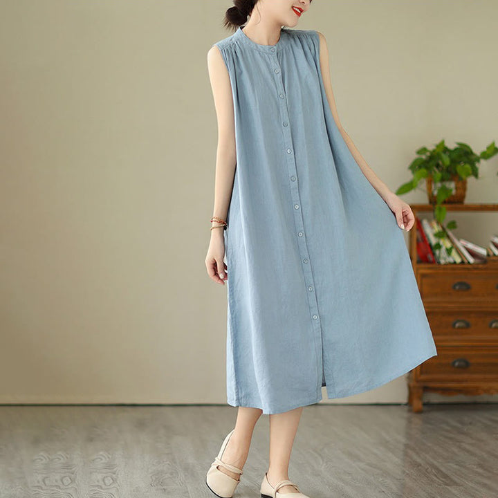 Vestido midi de lino y algodón sin mangas, con diseño plisado, de botonadura sencilla y sencillo de Buddha Stones - image 12