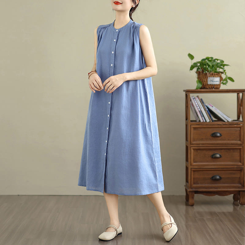 Vestido midi de lino y algodón sin mangas, con diseño plisado, de botonadura sencilla y sencillo de Buddha Stones - Azul aciano - US8-10，UK/AU12-14，EU40-42 (2XL) - image 19