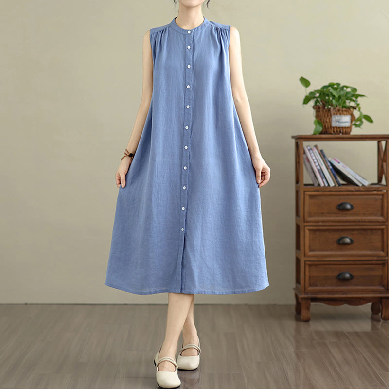 Vestido midi de lino y algodón sin mangas, con diseño plisado, de botonadura sencilla y sencillo de Buddha Stones