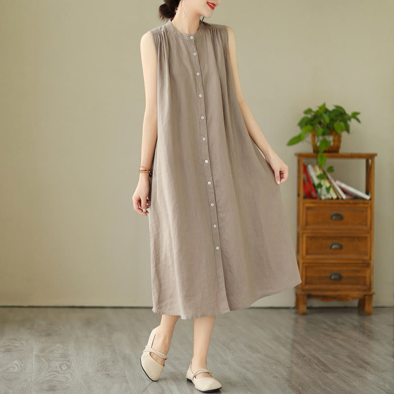 Vestido midi de lino y algodón sin mangas, con diseño plisado, de botonadura sencilla y sencillo de Buddha Stones