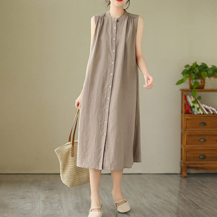 Vestido midi de lino y algodón sin mangas, con diseño plisado, de botonadura sencilla y sencillo de Buddha Stones