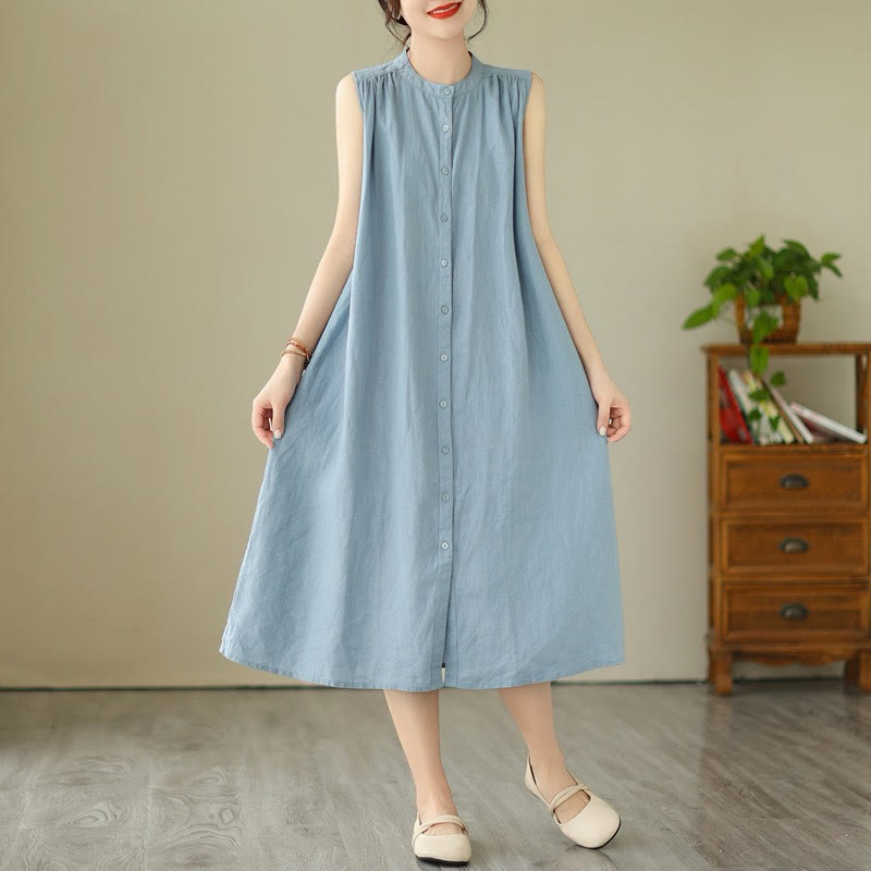 Vestido midi de lino y algodón sin mangas, con diseño plisado, de botonadura sencilla y sencillo de Buddha Stones - Azul cielo claro - US8-10，UK/AU12-14，EU40-42 (2XL) - image 11