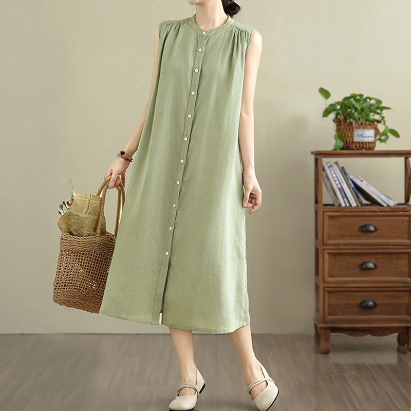 Vestido midi de lino y algodón sin mangas, con diseño plisado, de botonadura sencilla y sencillo de Buddha Stones