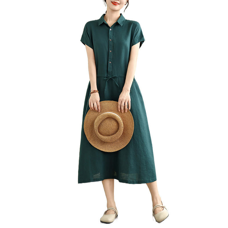 Vestido midi de lino y algodón con bolsillos y manga corta de verano con estampado de Buddha Stones - image 16