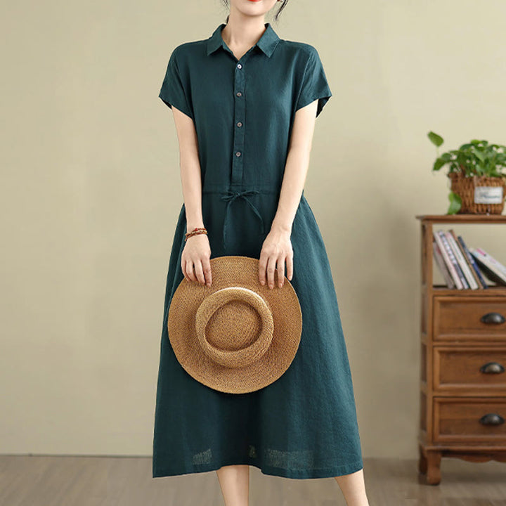 Vestido midi de lino y algodón con bolsillos y manga corta de verano con estampado de Buddha Stones - Verde oscuro - US8-10，UK/AU12-14，EU40-42 (2XL) - image 6