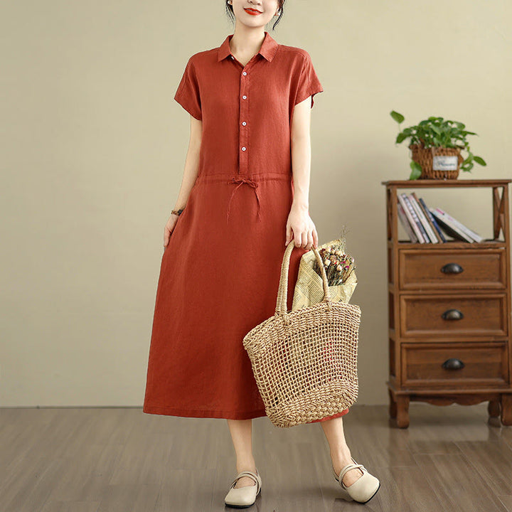 Vestido midi de lino y algodón con bolsillos y manga corta de verano con estampado de Buddha Stones - image 21