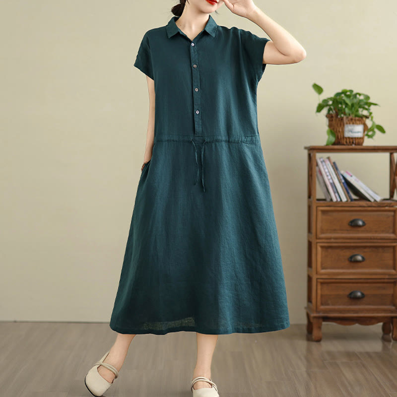 Vestido midi de lino y algodón con bolsillos y manga corta de verano con estampado de Buddha Stones - image 11