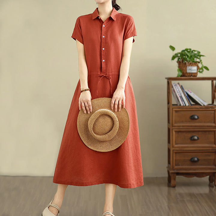 Vestido midi de lino y algodón con bolsillos y manga corta de verano con estampado de Buddha Stones - NaranjaRojo - US8-10，UK/AU12-14，EU40-42 (2XL) - image 17