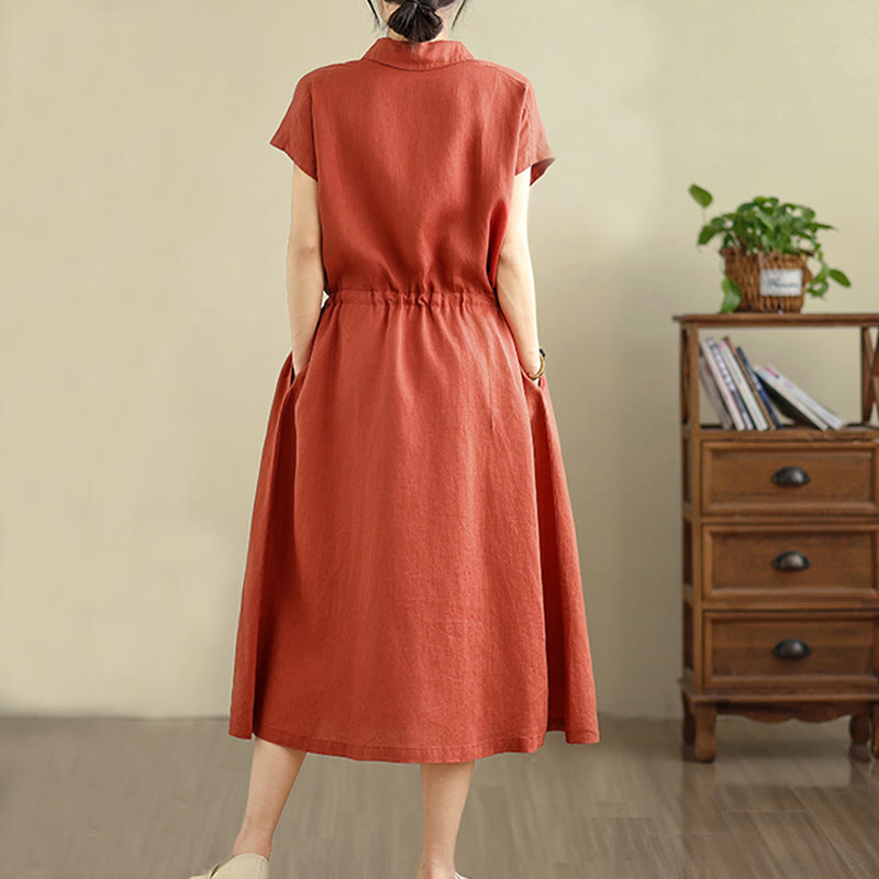 Vestido midi de lino y algodón con bolsillos y manga corta de verano con estampado de Buddha Stones - image 19