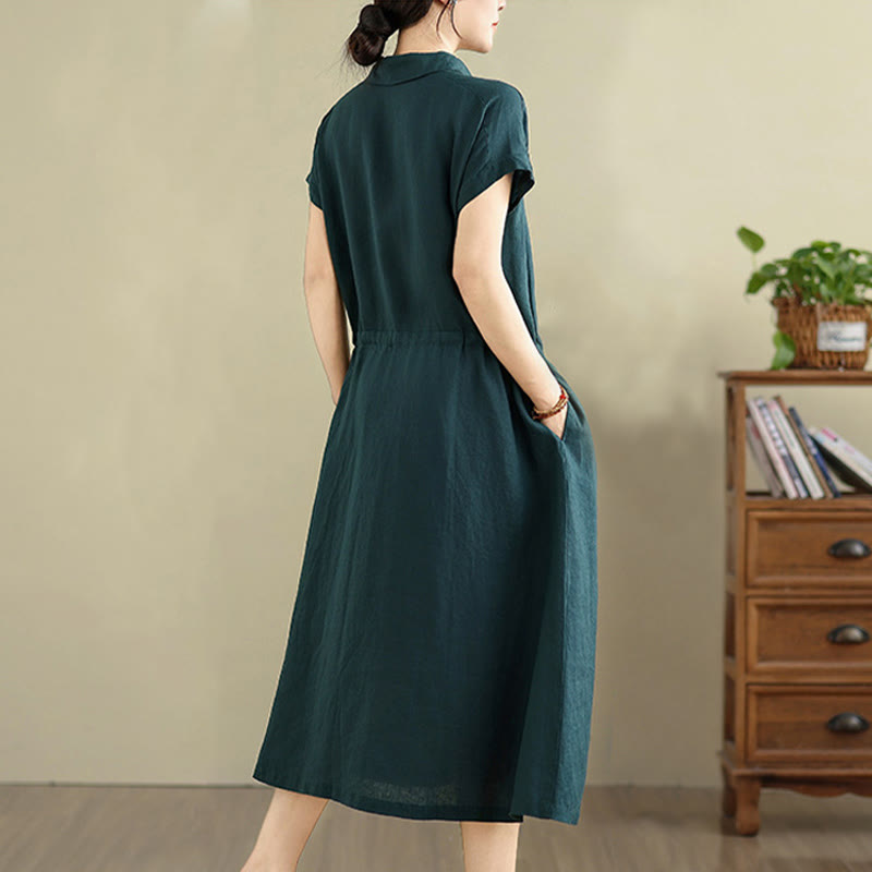 Vestido midi de lino y algodón con bolsillos y manga corta de verano con estampado de Buddha Stones - image 10