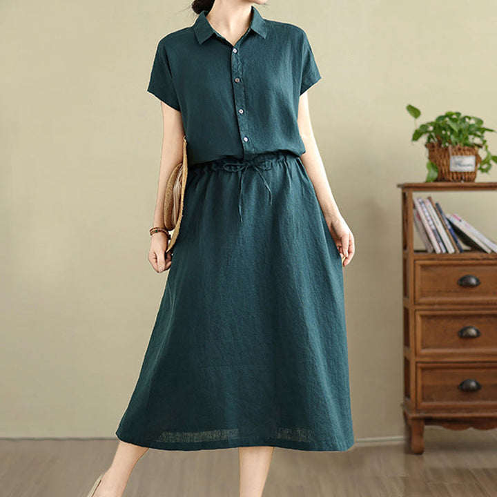 Vestido midi de lino y algodón con bolsillos y manga corta de verano con estampado de Buddha Stones - image 9