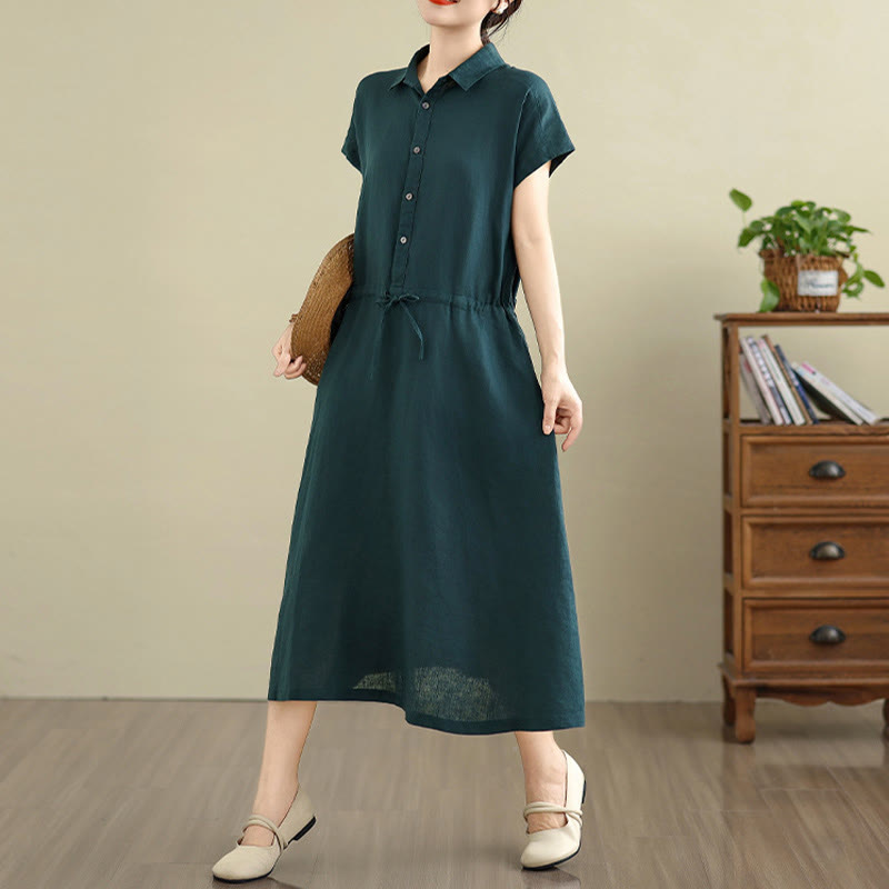 Vestido midi de lino y algodón con bolsillos y manga corta de verano con estampado de Buddha Stones - image 8