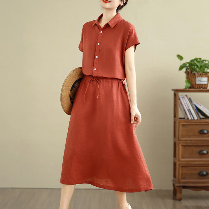 Vestido midi de lino y algodón con bolsillos y manga corta de verano con estampado de Buddha Stones - image 20