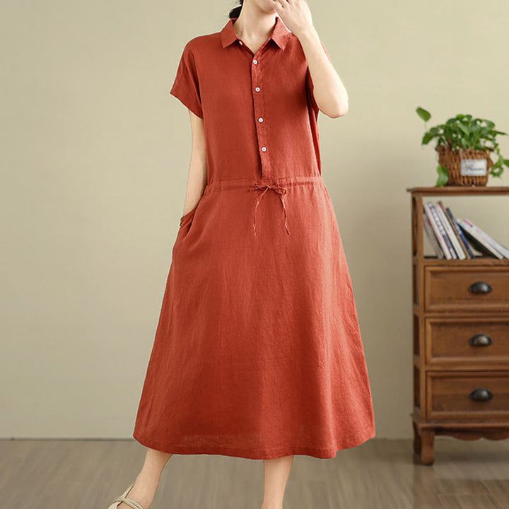 Vestido midi de lino y algodón con bolsillos y manga corta de verano con estampado de Buddha Stones - image 18