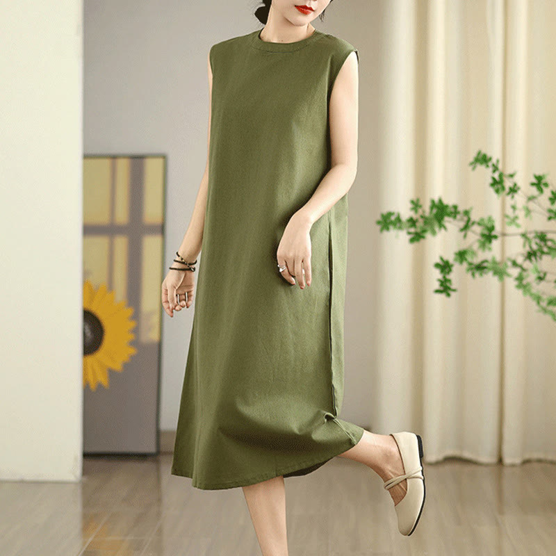 Vestido midi informal de lino y algodón sin mangas con diseño de Buddha Stones , color liso, con botones en la espalda y bolsillos - image 2