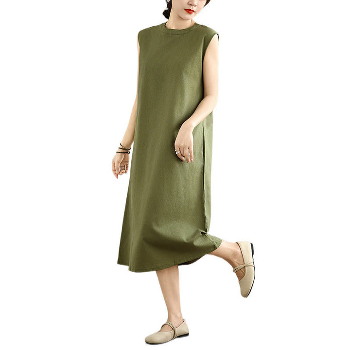 Vestido midi informal de lino y algodón sin mangas con diseño de Buddha Stones , color liso, con botones en la espalda y bolsillos - image 10