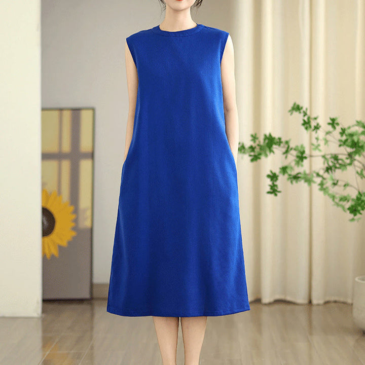 Vestido midi informal de lino y algodón sin mangas con diseño de Buddha Stones , color liso, con botones en la espalda y bolsillos - image 16