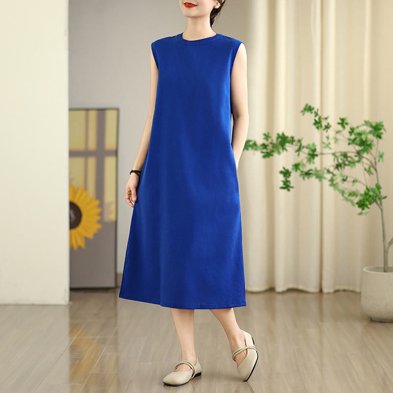 Vestido midi informal de lino y algodón sin mangas con diseño de Buddha Stones , color liso, con botones en la espalda y bolsillos - Azul medio - US8-10，UK/AU12-14，EU40-42 (2XL) - image 11
