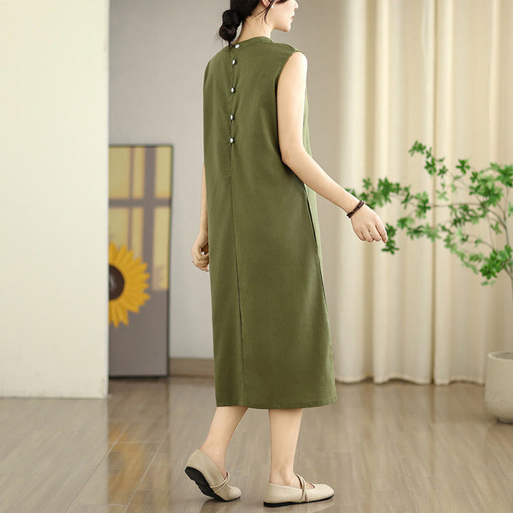 Vestido midi informal de lino y algodón sin mangas con diseño de Buddha Stones , color liso, con botones en la espalda y bolsillos - image 4