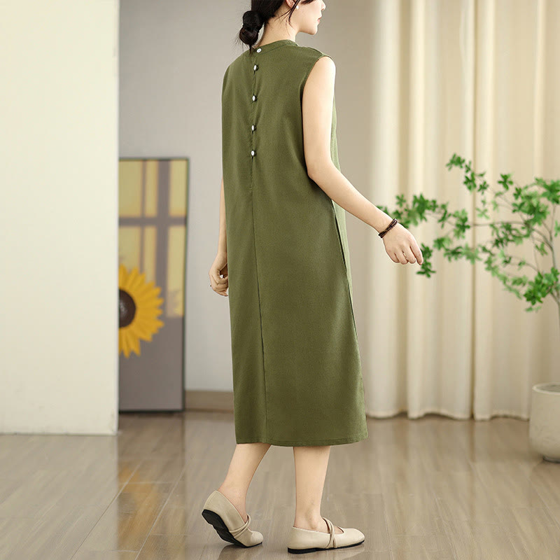 Vestido midi informal de lino y algodón sin mangas con diseño de Buddha Stones , color liso, con botones en la espalda y bolsillos - image 4