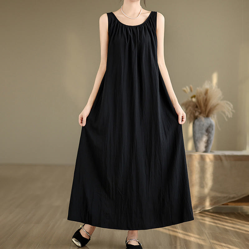 Vestido midi de algodón con cuello redondo, sin mangas, diseño plisado, informal, de verano, con estampado Buddha Stones y bolsillos - image 17