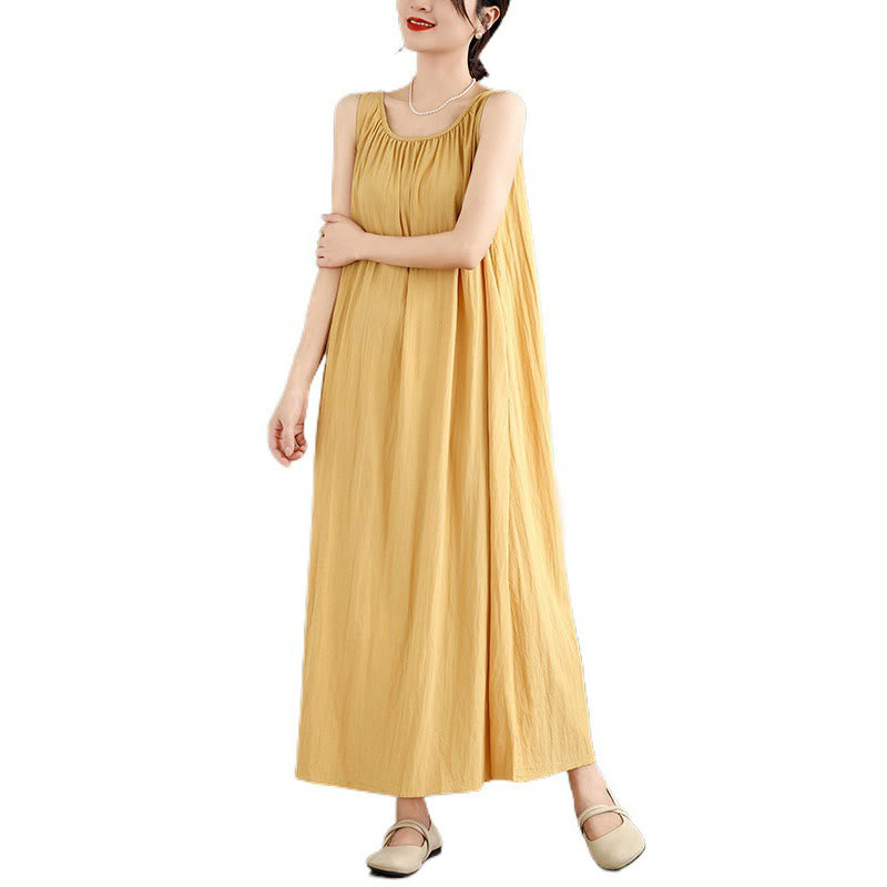 Vestido midi de algodón con cuello redondo, sin mangas, diseño plisado, informal, de verano, con estampado Buddha Stones y bolsillos - image 14