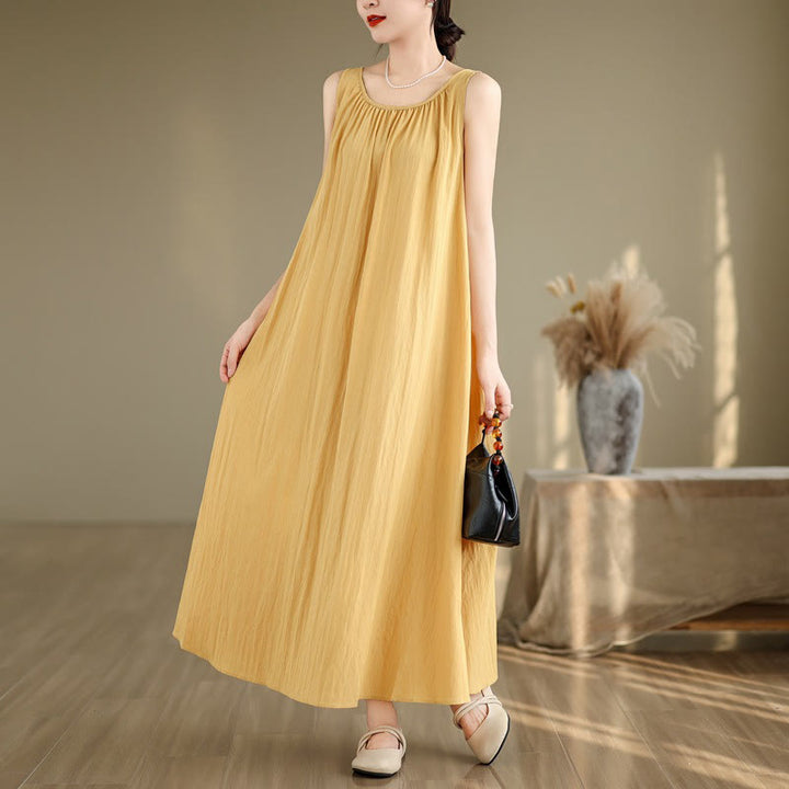 Vestido midi de algodón con cuello redondo, sin mangas, diseño plisado, informal, de verano, con estampado Buddha Stones y bolsillos - Caqui - US8-10，UK/AU12-14，EU40-42 (2XL) - image 3