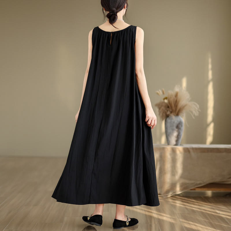 Vestido midi de algodón con cuello redondo, sin mangas, diseño plisado, informal, de verano, con estampado Buddha Stones y bolsillos - image 18