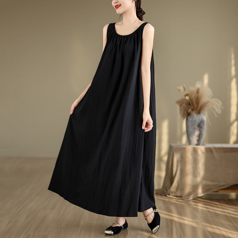 Vestido midi de algodón con cuello redondo, sin mangas, diseño plisado, informal, de verano, con estampado Buddha Stones y bolsillos - Negro - US8-10，UK/AU12-14，EU40-42 (2XL) - image 15