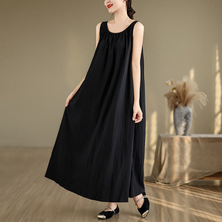 Vestido midi de algodón con cuello redondo, sin mangas, diseño plisado, informal, de verano, con estampado Buddha Stones y bolsillos - Negro - US8-10，UK/AU12-14，EU40-42 (2XL) - image 15