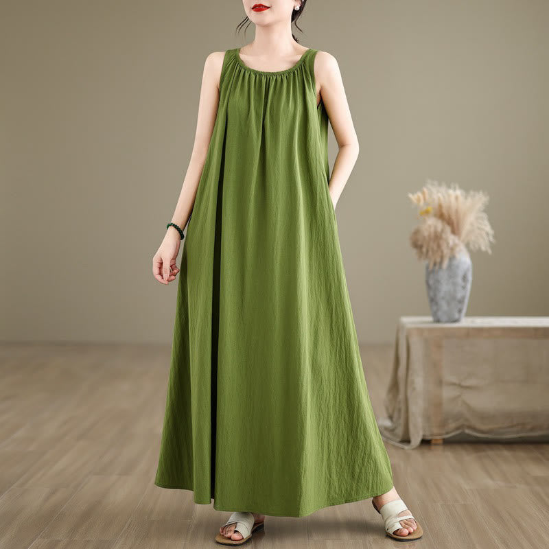 Vestido midi de algodón con cuello redondo, sin mangas, diseño plisado, informal, de verano, con estampado Buddha Stones y bolsillos - Verde lima - US8-10，UK/AU12-14，EU40-42 (2XL) - image 1