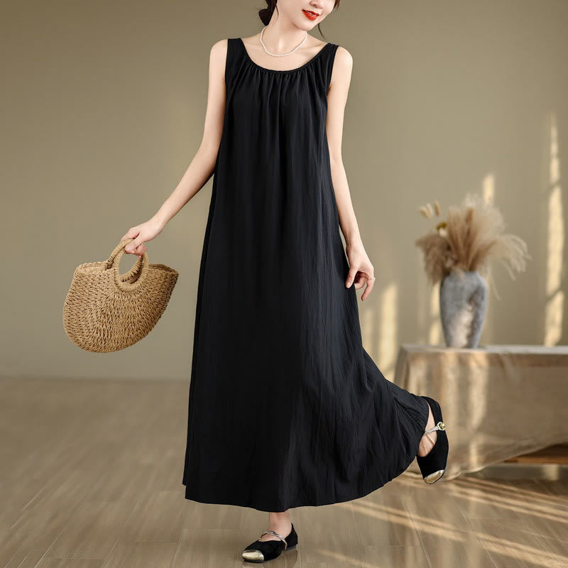 Vestido midi de algodón con cuello redondo, sin mangas, diseño plisado, informal, de verano, con estampado Buddha Stones y bolsillos - image 19
