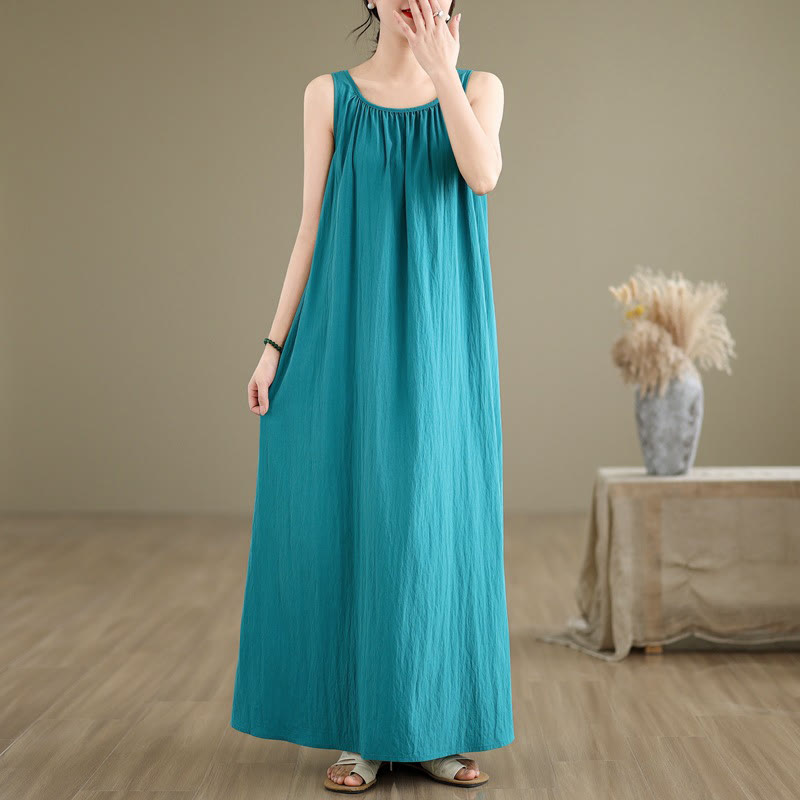 Vestido midi de algodón con cuello redondo, sin mangas, diseño plisado, informal, de verano, con estampado Buddha Stones y bolsillos - Turquesa medio - US8-10，UK/AU12-14，EU40-42 (2XL) - image 2