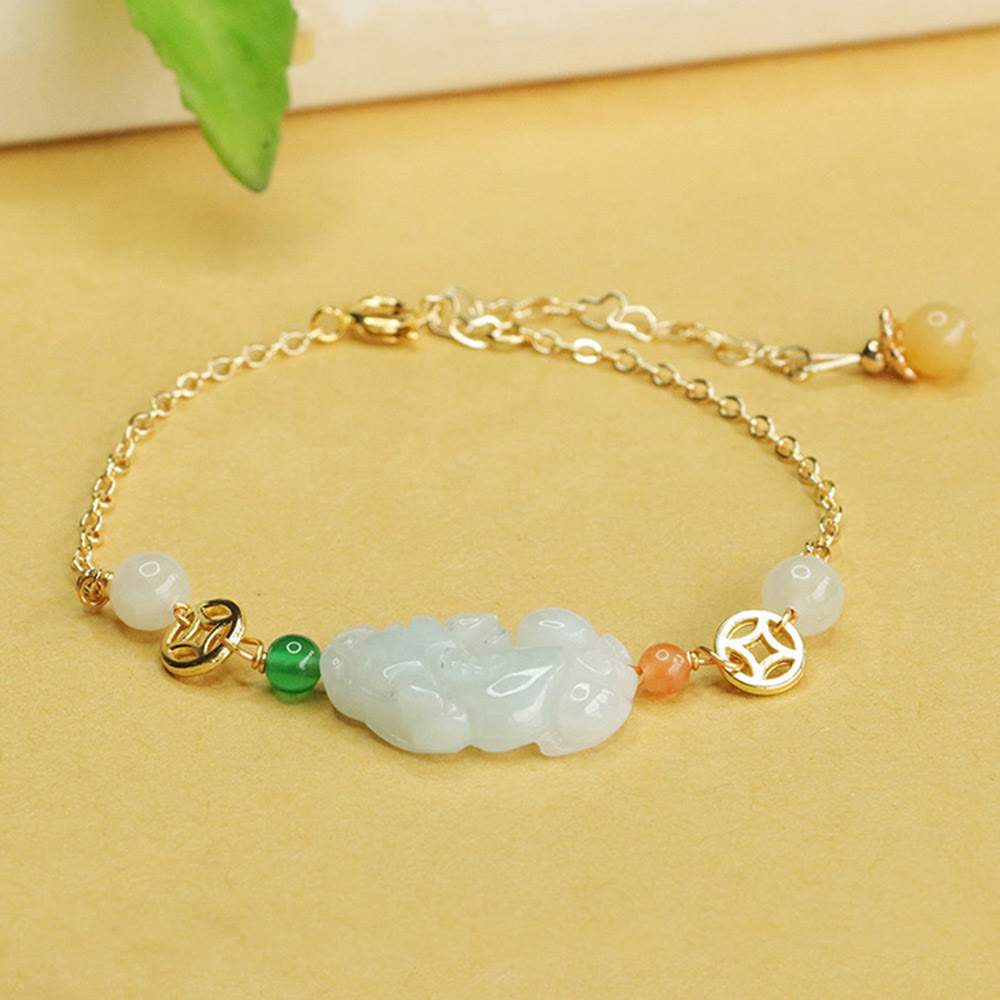 Pulsera de la suerte con monedas de cobre talladas en jade PiXiu natural y Buddha Stones