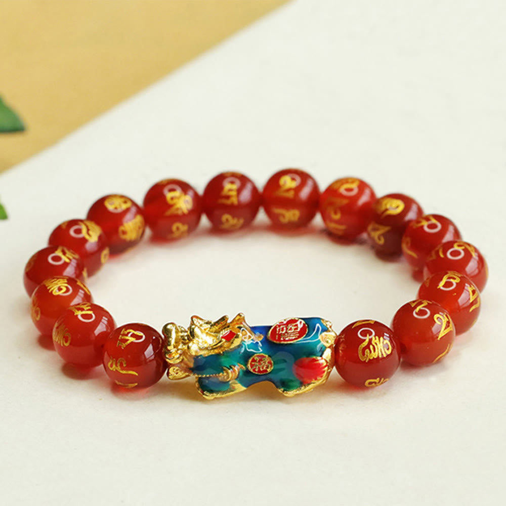 Pulsera PiXiu Om Mani Padme Hum con Buddha Stones y ágata roja que cambia de color