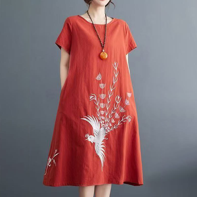 Vestido midi de lino y algodón de manga corta con estampado de fénix y Buddha Stones de verano - image 1
