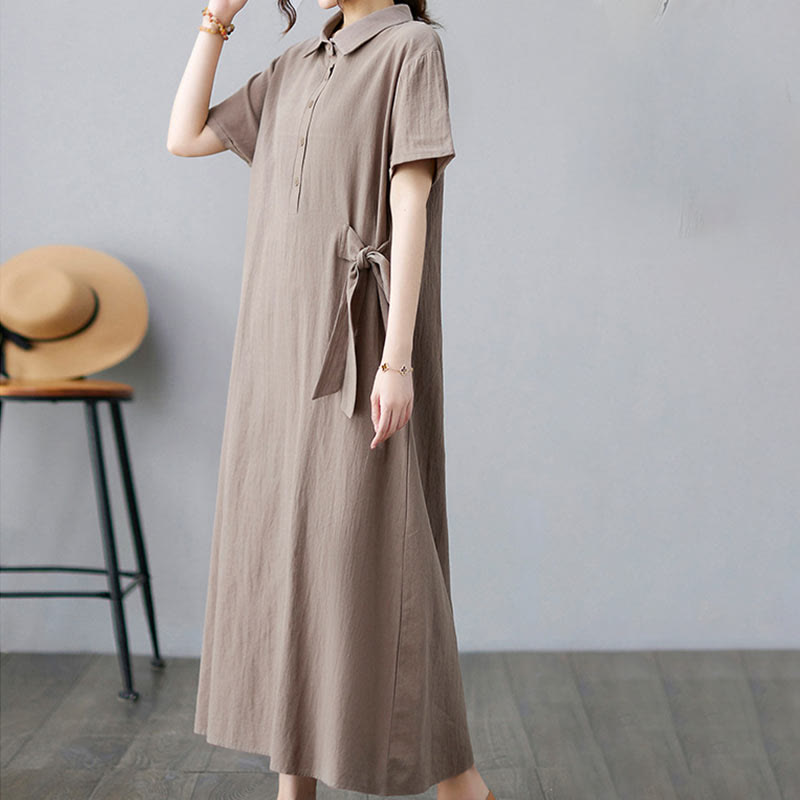 Vestido midi informal de lino y algodón con solapas laterales, manga corta y bolsillos, estilo Buddha Stones - image 3