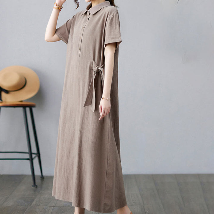 Vestido midi informal de lino y algodón con solapas laterales, manga corta y bolsillos, estilo Buddha Stones - image 3