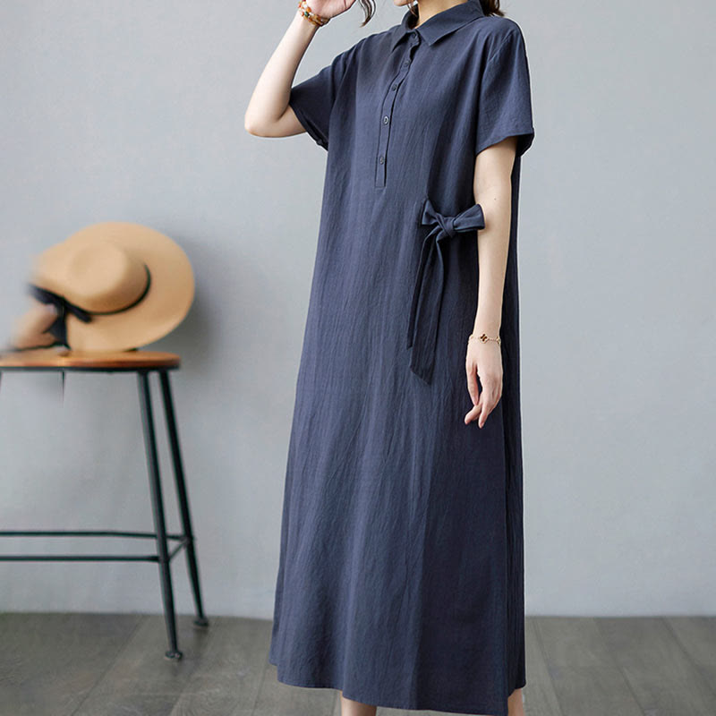 Vestido midi informal de lino y algodón con solapas laterales, manga corta y bolsillos, estilo Buddha Stones - image 21