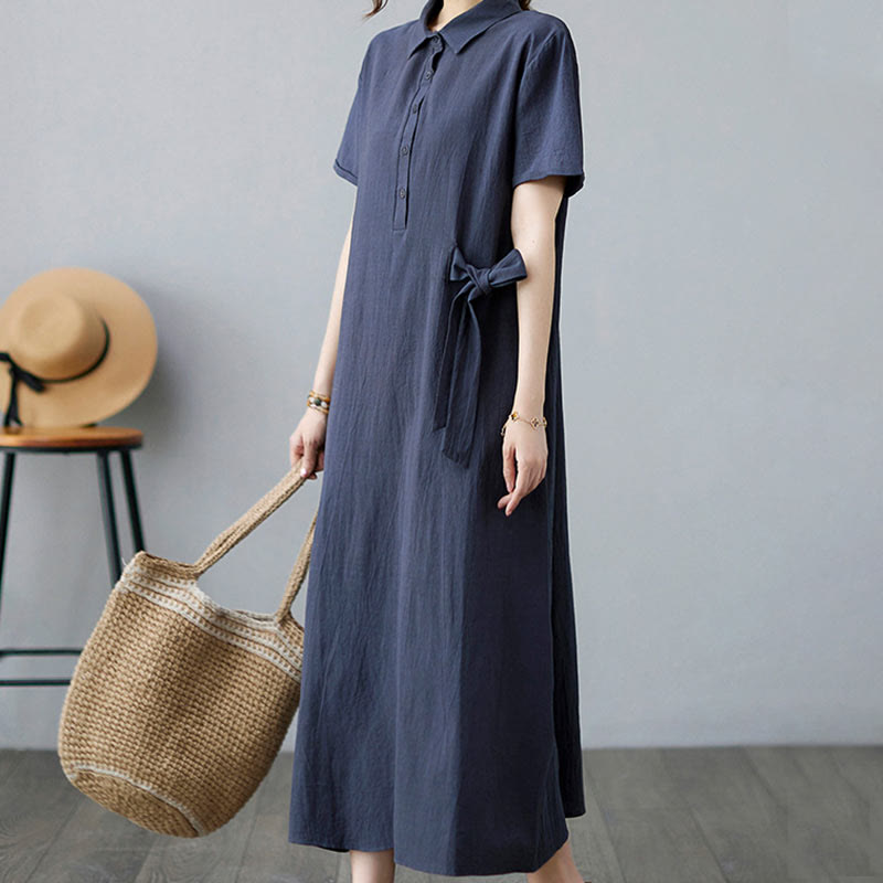 Vestido midi informal de lino y algodón con solapas laterales, manga corta y bolsillos, estilo Buddha Stones - image 24