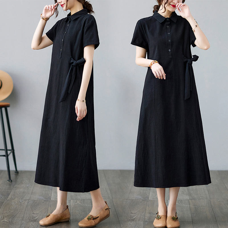 Vestido midi informal de lino y algodón con solapas laterales, manga corta y bolsillos, estilo Buddha Stones - Negro - US8-10，UK/AU12-14，EU40-42 (2XL) - image 12