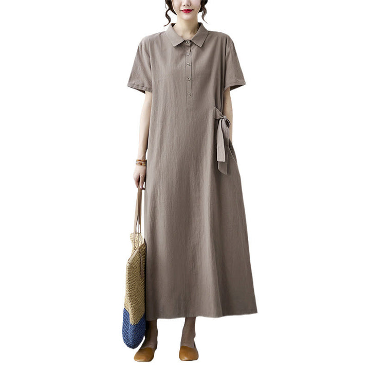 Vestido midi informal de lino y algodón con solapas laterales, manga corta y bolsillos, estilo Buddha Stones - image 11