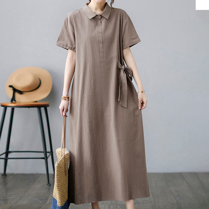 Vestido midi informal de lino y algodón con solapas laterales, manga corta y bolsillos, estilo Buddha Stones - image 3