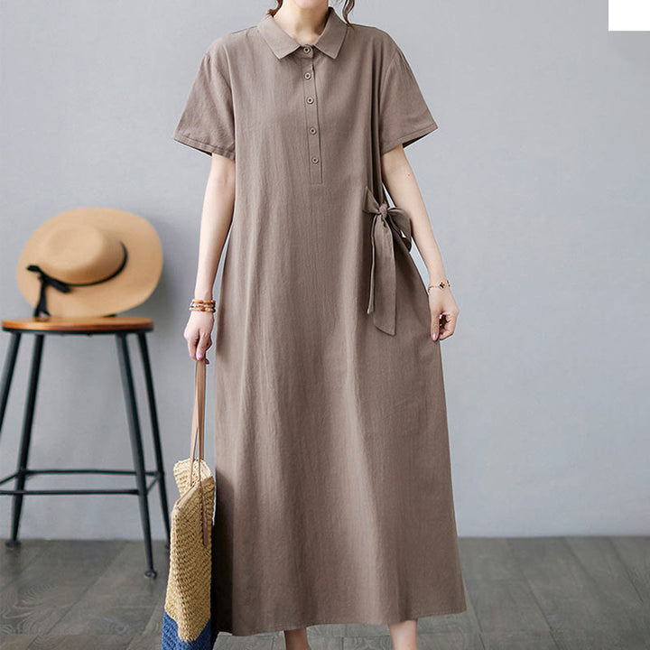 Vestido midi informal de lino y algodón con solapas laterales, manga corta y bolsillos, estilo Buddha Stones - image 3